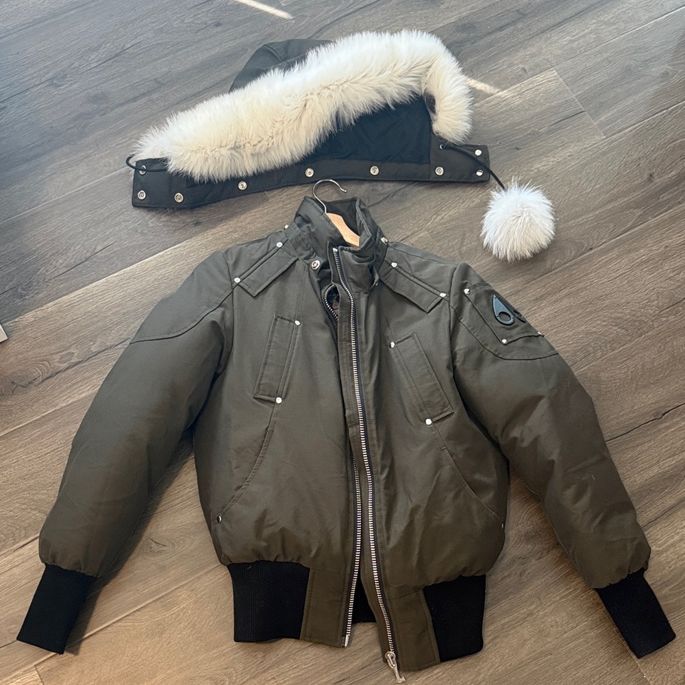 Moose Knuckles Olive Green Bomber Jacket with White Fur Trim Hood
